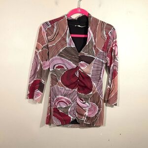 Anthropologie Weston Wear Abstract V-Neck Shirt L Pink Funky Y2K Fairy Boho Art